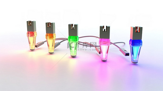 usb灯led背景图片_3D 渲染的彩色 LED USB 灯照亮白色背景