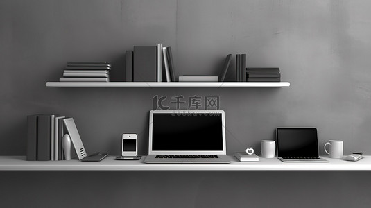 灰色墙架上的现代设备笔记本电脑手机平板电脑和 3D 插图中的 PC