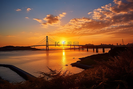 大桥风景背景图片_一座岛屿坐落在阳光下的风景中