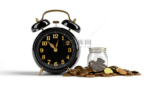 白色背景上的老式黑色闹钟和英镑硬币强调时间 3d 渲染的价值
