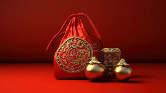 中式新中式背景图片_红色背景的 3D 渲染与中国灯笼和金袋庆祝中国新年快乐