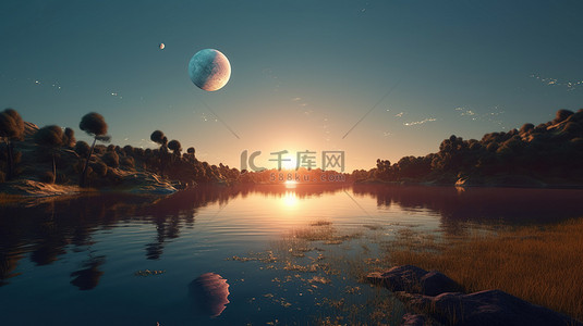 地球背景背景图片_未来派 3D 景观，行星悬停在湖上
