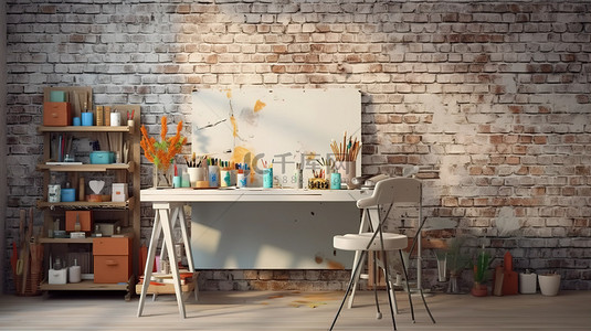 管网空间背景图片_家庭办公室工艺桌，配有创意项目空间和砖墙背景下的一系列油漆工具 3D 渲染插图