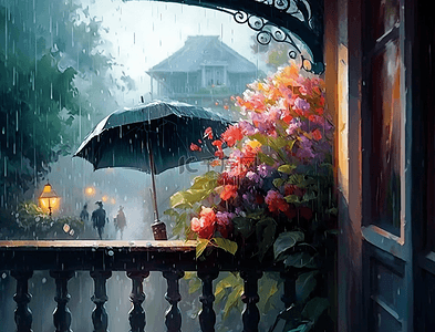 中式花园背景图片_鲜花伞灯雨中的阳台花园背景