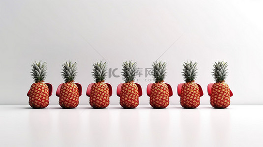 在 3D 渲染图像中，一排排白色办公椅中的红色椅子上展示着充满活力多汁的菠萝