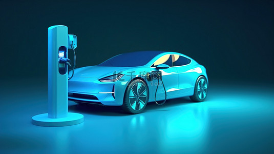 蓝色背景 3d 渲染上的电动汽车充电电池