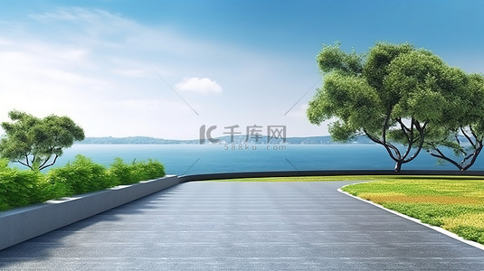 海绿背景图片_沥青路上空绿草坪的 3D 插图