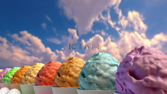 背景蛋糕背景图片_彩虹云和 3d 渲染的冰淇淋勺