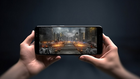 握住手机背景图片_水平握住智能手机的游戏风格手的概念 3D 渲染