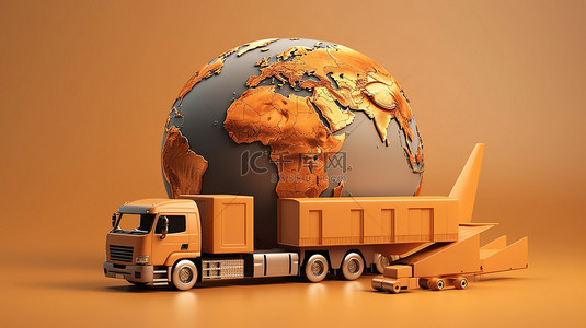 现货卡车背景图片_全球运输通过卡车物流和复制空间进行交付的图示概念