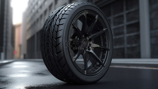 街道上黑色 3D 渲染的合金轮式轮胎