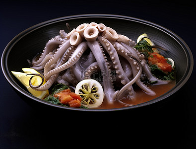 日本鱿鱼装满蔬菜的碗里