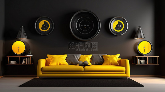 黑色房间背景图片_现代风格的黑色房间，配有黄色扬声器系统沙发和挂钟 3D 渲染