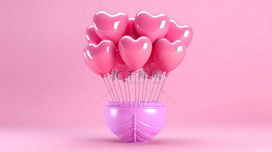 充满活力的心形气球在 3D 渲染的情人节主题背景上的粉红色气球中抢尽风头