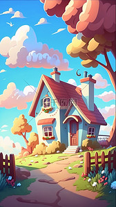 海边的小房子背景图片_小屋白云卡通背景