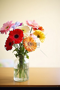 一侧桌子内的透明花瓶里放着一些五颜六色的鲜花