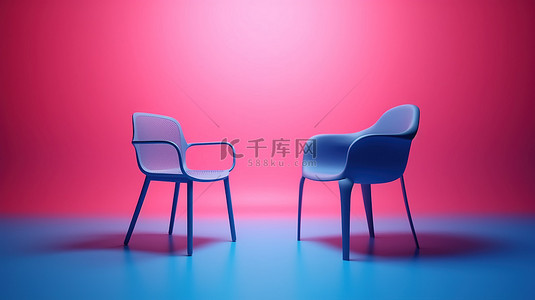 双色调粉色和蓝色椅子和桌子对抗概念与背景 3D 渲染