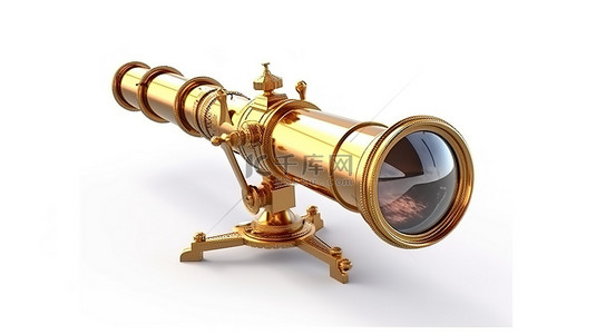 使用 3D 技术创建的空白背景上具有金色饰面的古董望远镜