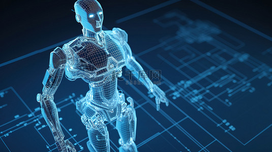 蓝色背景 3d 渲染的人工智能机器人蓝图与规模