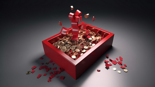 蝴蝶结装饰背景图片_红色蝴蝶结装饰的礼品盒，里面装满了 3D 渲染的美元硬币