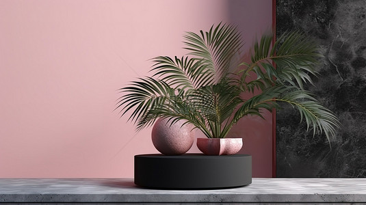 茂密植物背景图片_位于粉红色场景上的黑色大理石讲台的 3D 渲染，带有屋顶入口和茂密的植物