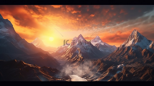 高海拔山峰上令人惊叹的日落3D渲染设计元素