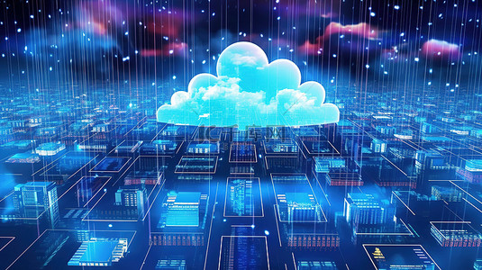 具有数据网络和技术背景云服务和存储功能的云计算概念的 3D 渲染
