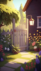 鲜花房子木栅栏阳光里的美丽花园卡通背景