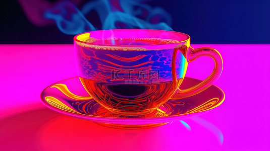紫外线灯下咖啡杯的 3D 特写图