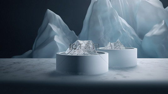 冰展台背景图片_在 3d 渲染的冰讲台上展示产品的促销场景