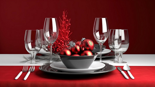 节日盛宴红色单色餐厅配有圣诞餐桌布置和 3d 酒杯