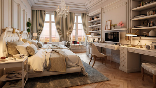 优雅的古典风格卧室，配有两张单人床书柜电视和梳妆台渲染