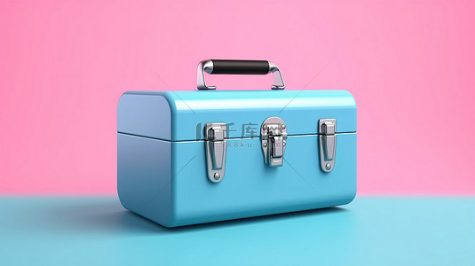 蓝色色调的经典金属工具箱，以充满活力的粉红色背景 3D 插图为背景
