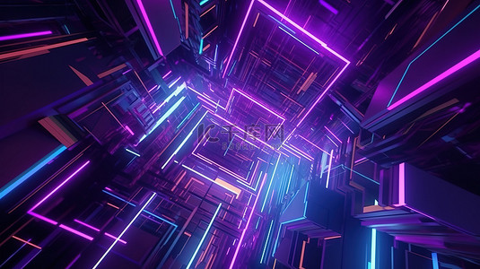 赛博朋克启发了紫色和蓝色色调的抽象几何背景的 3d 渲染