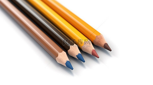 充满活力的铅笔阵列在清晰的白色背景下以 3D 插图展示