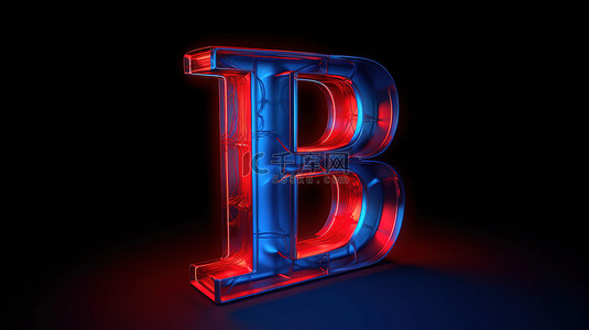 发光霓虹红色大写字母 b 与蓝色内部 3d 渲染