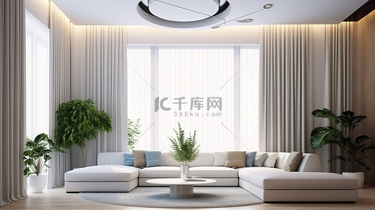空调客厅，拥有现代而明亮的内饰，3D 渲染插图