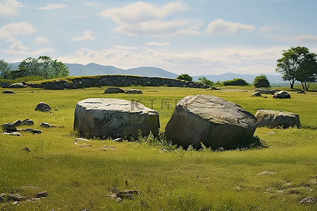 草地上的大石头，上面标有石头