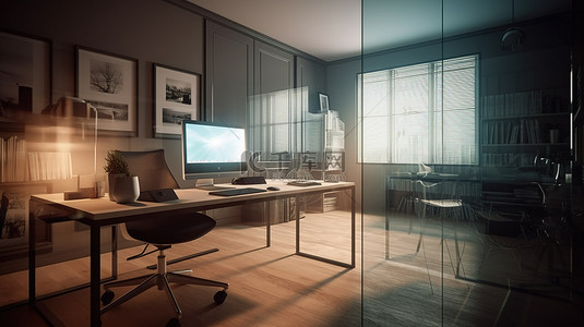 家庭办公室房间通过玻璃墙以 3D 形式可视化，可以看到桌子上的计算机用品和装饰品