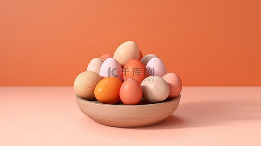 站在背景图片_充满活力的复活节彩蛋展示 3D 橙色渲染顶视图站在木盘上