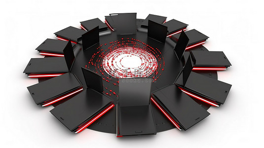 一圈笔记本电脑围绕着一个文件夹，白色背景上有相互连接的发光红色箭头，以 3D 呈现