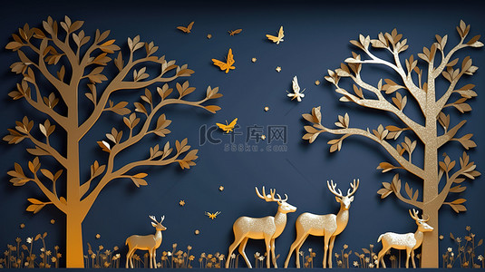 彩色鸟类背景图片_深蓝色 3D 景观墙中的金鹿和鸟类框架壁纸装饰