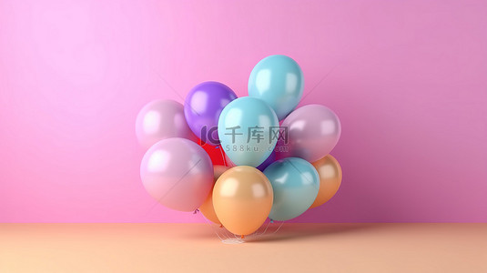 气球漂浮背景图片_充满活力的气球漂浮在柔和的粉红色柔和的背景上，并为 3D 创建的文本留出空间