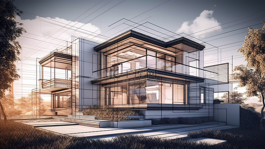 豪华别墅在 3D 逼真和线框渲染中栩栩如生，并附有注释