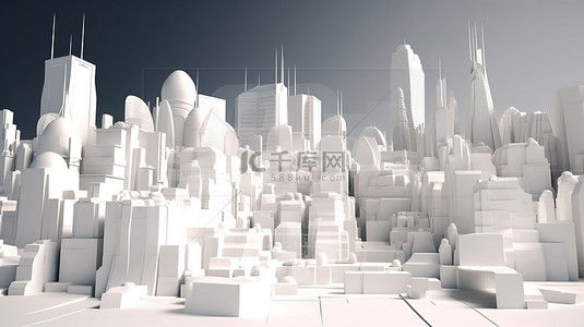 白色 3d 渲染背景中的低聚城市景观