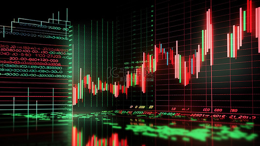 动态股票市场板 3D 渲染，具有充满活力的绿色和红色移动图表以及各种金融图表和专栏