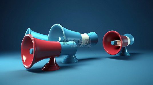 蓝色背景与 3D 扩音器和语音气泡传达沟通公共关系概念