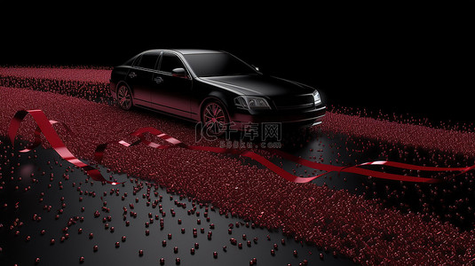 新年音乐派对背景图片_3d 渲染中黑色背景的奢华入口豪华轿车和五彩纸屑