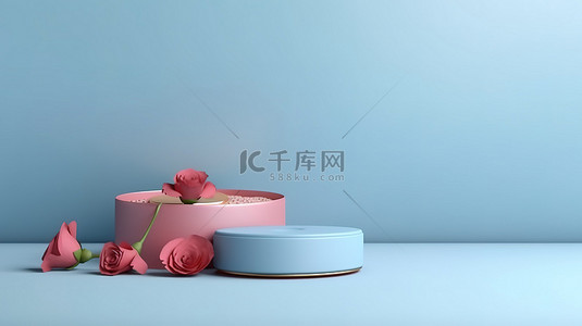 优质产品展示与柔和的蓝色背景上的玫瑰讲台祝您情人节快乐3D 渲染