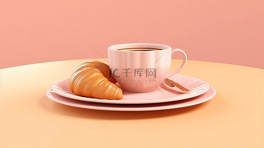 芝士焗饭背景图片_杯子里的羊角面包和咖啡，搭配粉色 3D 盘子上的多汁汉堡